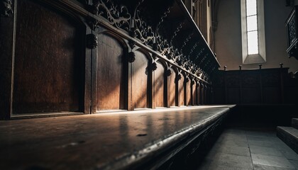 Ornate Medieval Wooden Choir Stalls Illuminated by Natural Light in Historic Gothic Cathedral Interior