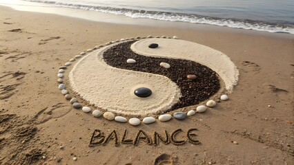 Yin Yang symbol drawn in sand on a beach with the word Balance