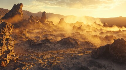 A desert landscape with a large rock formation in the foreground
