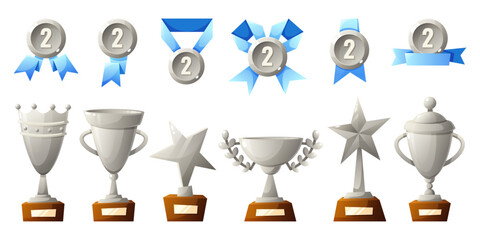 Collection of silver trophies, medals, and ribbons. Various designs include cups, stars, and decorative elements. Ideal for awards and competitions.