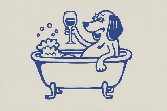 Hand Drawn Naive Illustration Sketch of a Dog in Bathtub with Bubbles and Wine Glass, Whimsical and Playful Design for Greeting Cards, Invitations, and Home Decor - Powered by Adobe
