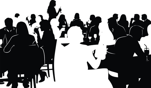 Vector illustration of a large crowd of people silhouettes dining in a restaurant, drinking alcohol, sitting at tables, and socializing during a busy nightlife event.