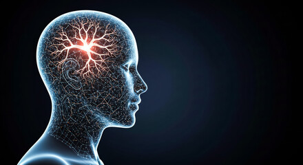 Digital human head with glowing brain activity on a dark blue background design on transparent background