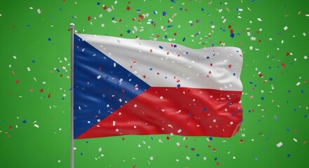 Czech republic flag waving on green screen with colorful confetti for chromakey effect, suitable for Independence Day or national celebration background.