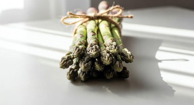 Bundle of fresh green asparagus stalks tied with twine