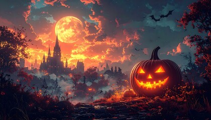 Spooky Halloween scene with a glowing pumpkin, castle, and full moon