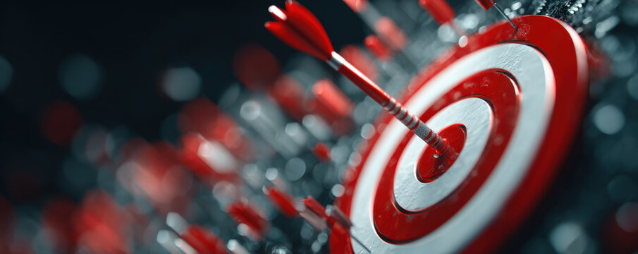 Futuristic arrow hitting bullseye on glossy archery target conveys precision, focus, success and motion with metallic red and silver tones in shallow depth of field composition
