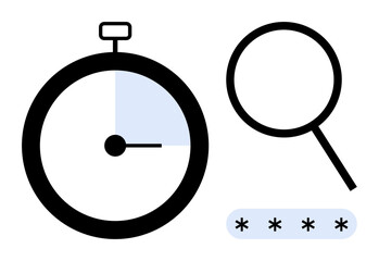 Stopwatch tracking time, magnifying glass for search, password field with masked characters. Ideal for security, privacy, time efficiency, research, investigation, data protection authentication