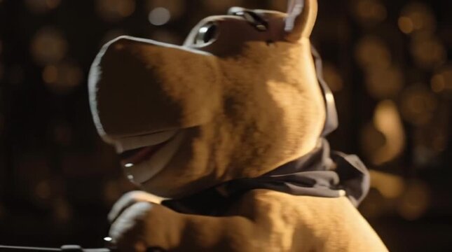 Fitness Animal in Gym determined hippo training on rowing machine