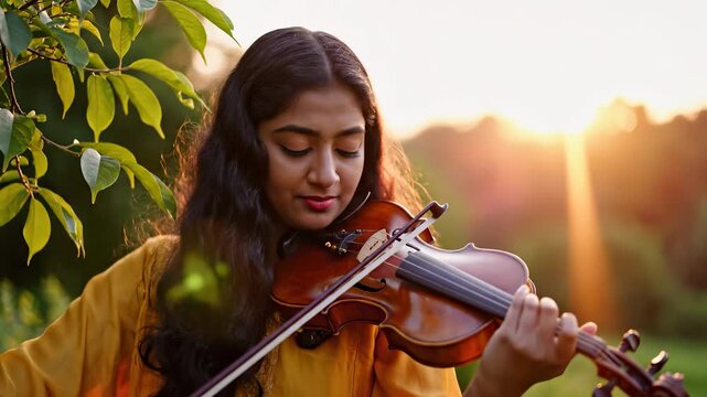 A young woman plays a violin in a serene outdoor setting, absorbing the warmth of the golden sunlight. The woman skillfully draws the bow across the violin strings, creating harmon