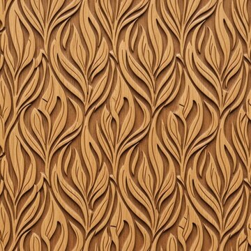 Seamless Wooden Carved Floral Pattern with Abstract Leaf Motifs and Natural Wood Grain Texture.