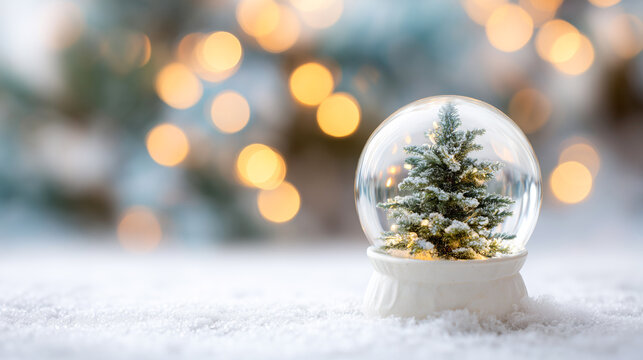 Glass snow globe with Christmas tree on a snowy surface with warm golden bokeh lights in the background with area for text or design