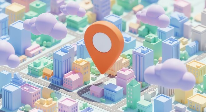 Cityscape with location marker and clouds