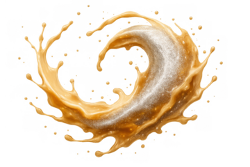 Caramel liquid splash with glitter particles swirling, showing sweet creamy dessert sauce or coffee drink pouring movement