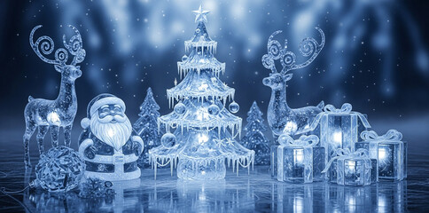 A magical winter scene with a glowing Christmas tree made of ice and festive lights in a snowy landscape. A fantasy-inspired, blue-toned holiday background.