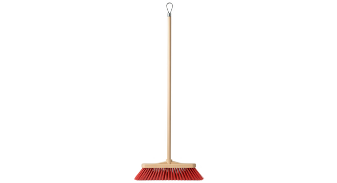 Red Bristle Broom With Wooden Handle On Black Background
