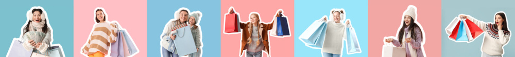 Collage of young women with shopping bags on blue and pink backgrounds