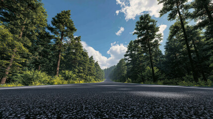 Straight empty asphalt road through tall pine forest under blue sky with scattered clouds creating serene summer atmosphere