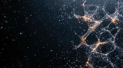 A complex, interconnected network of white lines and glowing orange nodes is depicted against a dark background filled with small white dots.