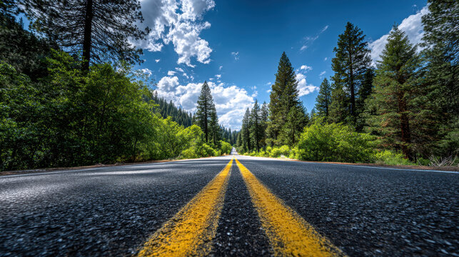 Low angle view of sunlit two lane road cutting through pine forest with dramatic clouds and vivid blue sky, evoking adventure and open air freedom