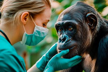 Female veterinarian in medical mask and gloves examining a chimpanzee's face, providing animal healthcare and welfare