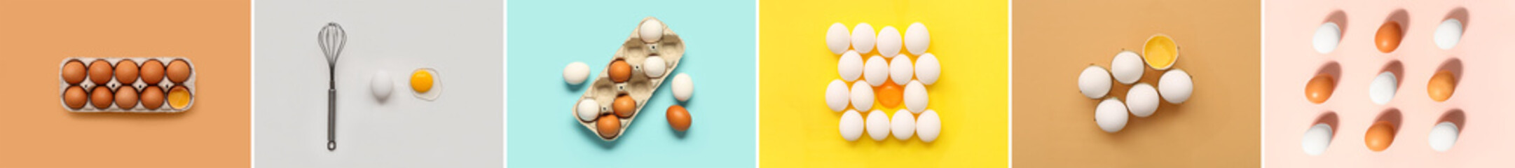 Collage of fresh chicken eggs on color background