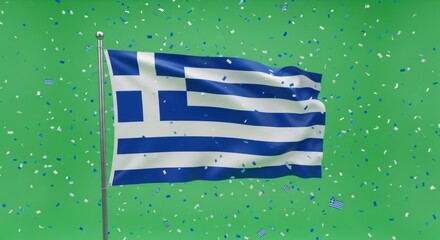 Greece flag waving proudly on a flagpole, surrounded by confetti against a green screen. Patriotic celebration for national day or independence day.