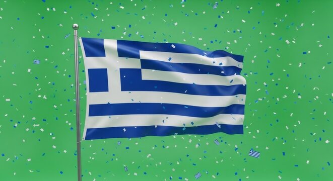Greece flag waving proudly on a flagpole, surrounded by confetti against a green screen. Patriotic celebration for national day or independence day.