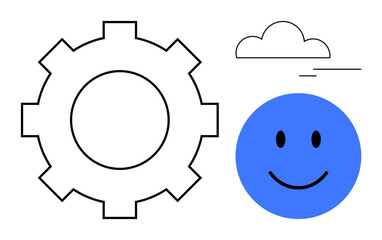 Technology concept. A gear, blue happy face, and cloud highlight technologys role in positive change. Technology combines innovation and optimism for progress. Great for IT, cloud computing, service
