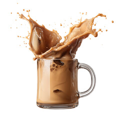 Dynamic Splash of Malaysian Teh Tarik in a Clear Glass Mug on Transparent