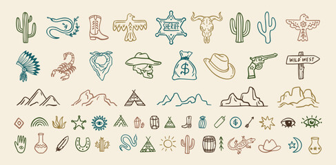 Wild west cowboy doodle icon set. Hand drawn boho signs collection. Aztec southwestern elements set.