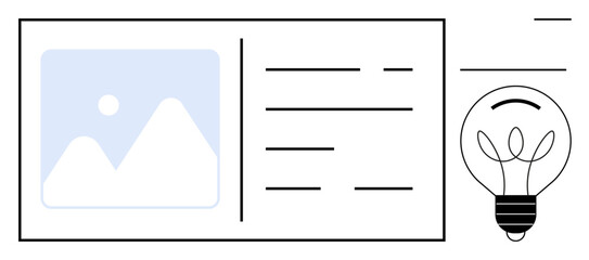 Minimalist layout featuring document with text and image placeholder alongside a glowing light bulb representing innovation. Ideal for creativity, inspiration, design, planning, strategy, education