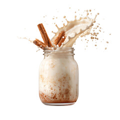 Refreshing Cinnamon Horchata Splashing from a Glass Jar on White