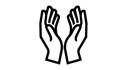 Obraz premium A simple black and white line drawing icon of two open hands held up together in a gesture of offering or prayer.