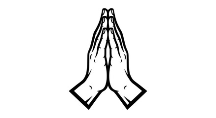 A simple black and white line art illustration of two hands pressed together in a prayer or greeting gesture.