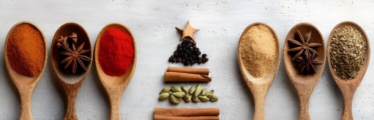 Colorful arrangement of spices as Christmas trees on spoons in festive shape showcasing diverse flavors and culinary traditions