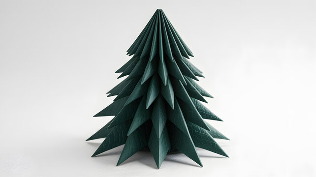 Handmade origami christmas tree isolated on white background, festive ornament