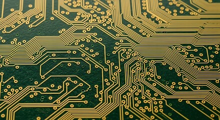Close-up macro shot of a green printed circuit board with intricate golden conductive traces and pathways.