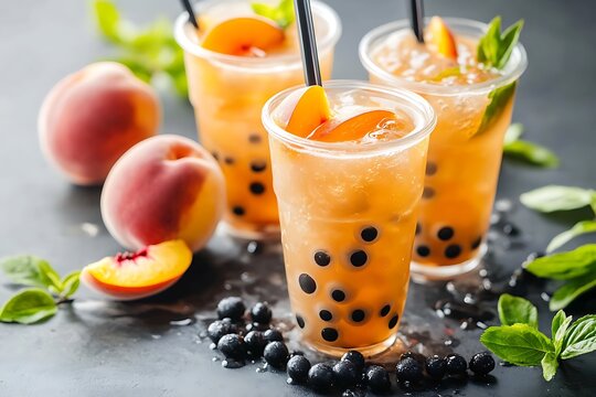 Refreshing peach bubble tea drinks in plastic cups, featuring fresh peach slices, blueberries, and vibrant mint leaves - Powered by Adobe