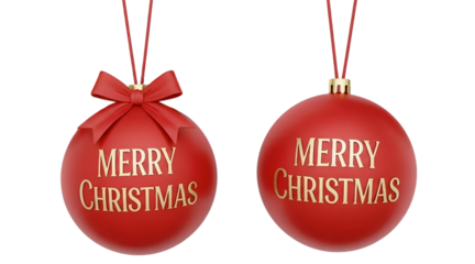 A set of two elegant red "Merry Christmas" ornaments with golden text, isolated on a white background. A classic and beautiful holiday bauble design.