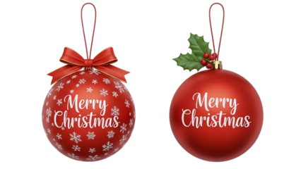 A set of two festive red "Merry Christmas" baubles with different patterns, isolated on a white background. An elegant and classic holiday ornament design.