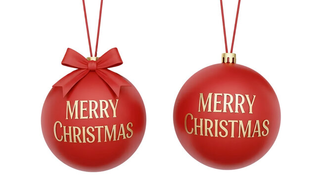 A set of two elegant red "Merry Christmas" ornaments with golden text, isolated on a white background. A classic and beautiful holiday bauble design.