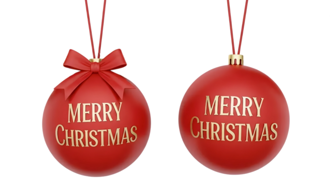 A set of two elegant red "Merry Christmas" ornaments with golden text, isolated on a white background. A classic and beautiful holiday bauble design.