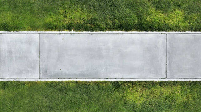 Concrete road grass lawn sidewalk aerial view top view paved path concrete road with green grass either side and soft sunlight casting subtle shadow, peaceful suburban walkway lined by maintained