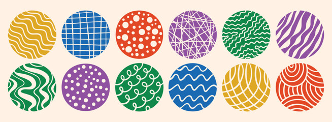 circles abstract colorful backgrounds or patterns. hand drawn doodle round shapes. spots, drops, curves and lines. contemporary modern trendy elements