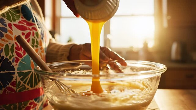 A woman carefully cracks an egg into a glass mixing bowl while stirring the mixture with a whisk. The warm sunlight shines through, creating a cozy atmosphere in the kitchen.