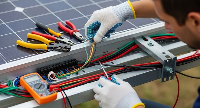 An electrician meticulously working on a solar panel with tools and wires
