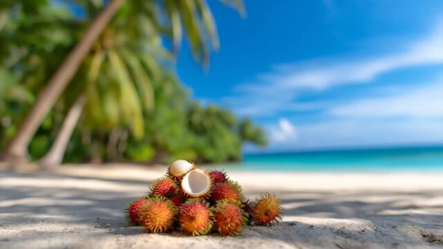 Tropical rambutan fruit pile on sandy beach with palm trees and blue ocean water