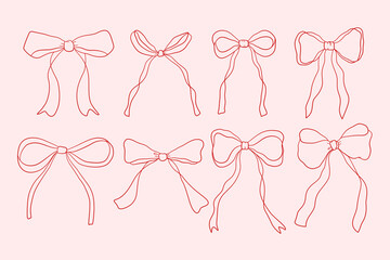Gift birthday christmas decor and valentine day pink ribbon bows hand drawn collection bow flat vector illustrations set