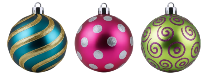 A set of three modern and colorful Christmas ornaments with striped and swirl patterns, isolated on a white background. A vibrant and playful holiday collection.
